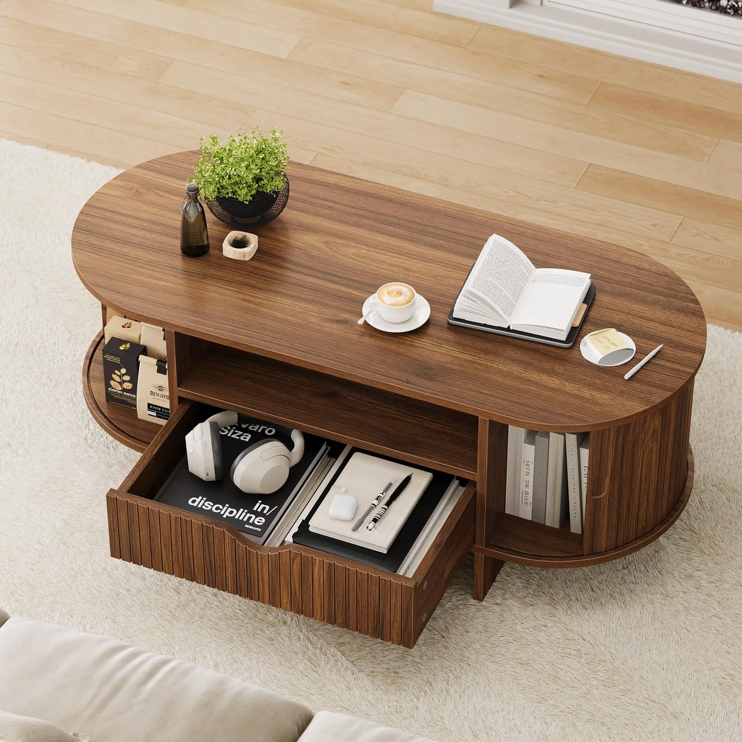 HiMiss Modern Fluted Wood Coffee Table With Storage Cabinet