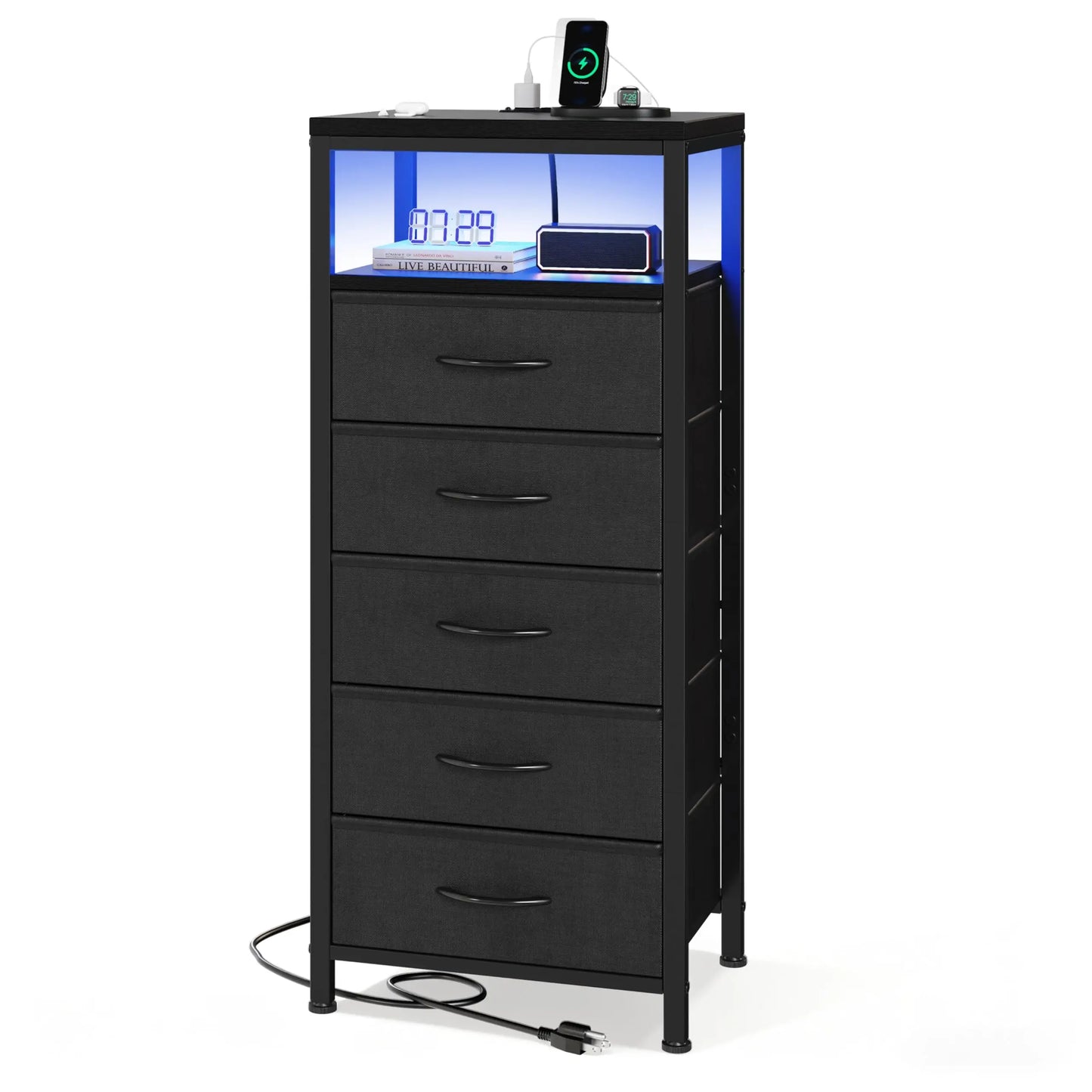 JHK Modern 5 Fabric Drawer Dresser With Charging Station