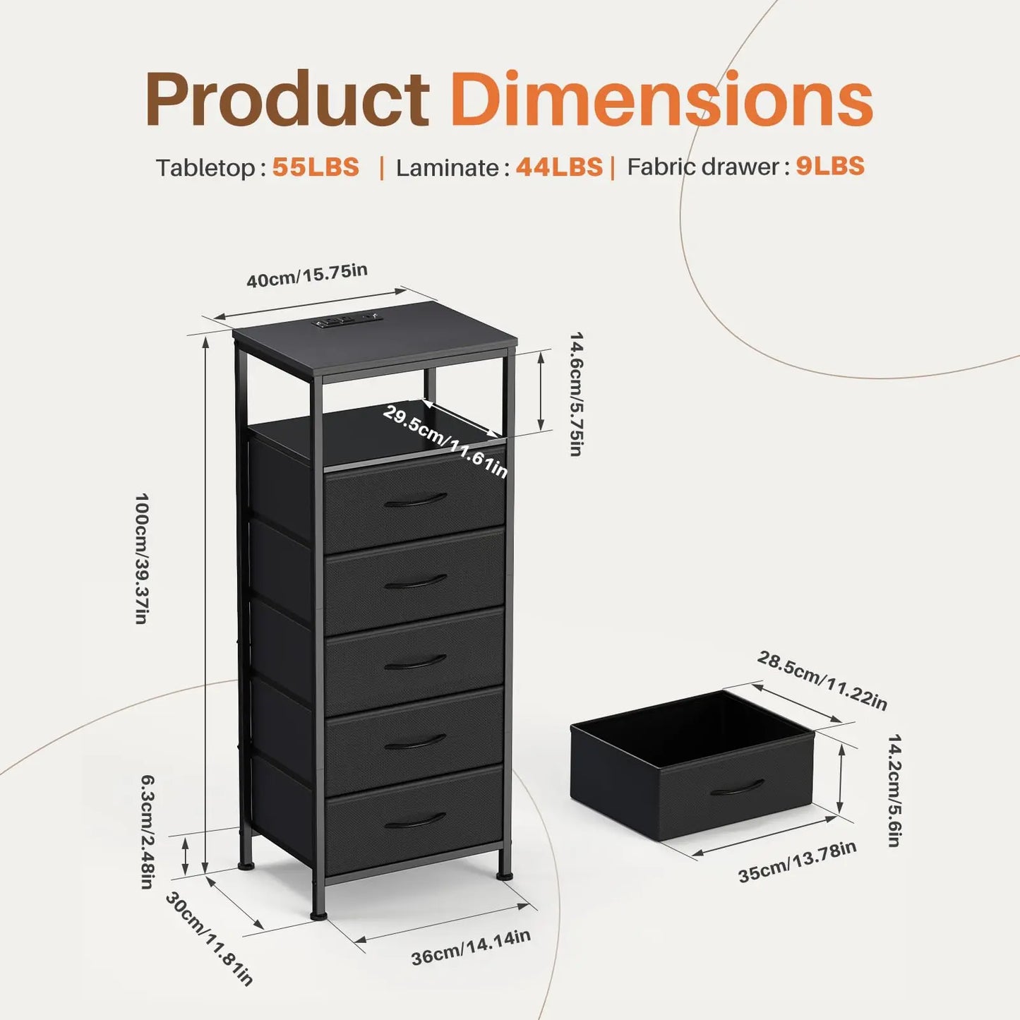 JHK Modern 5 Fabric Drawer Dresser With Charging Station