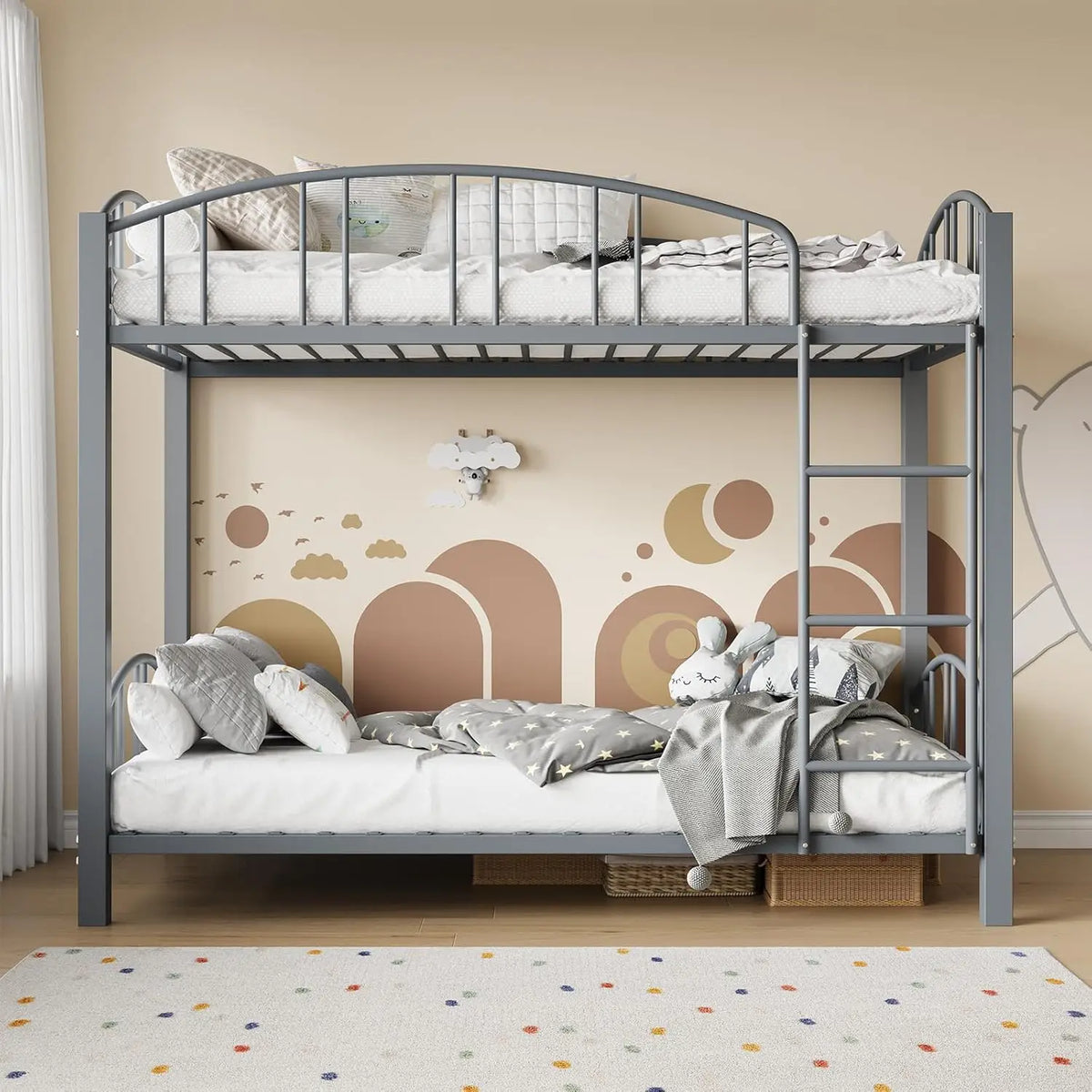 HiMISS Metal Bunk Bed Frame With Safety Ladder And Guardrails