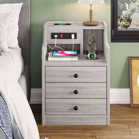 Nightstand With Charging Station And Hutch Storage Drawers