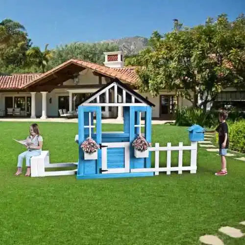 Wooden Kids Outdoor Playhouse With Picnic Bench And Flowerpots