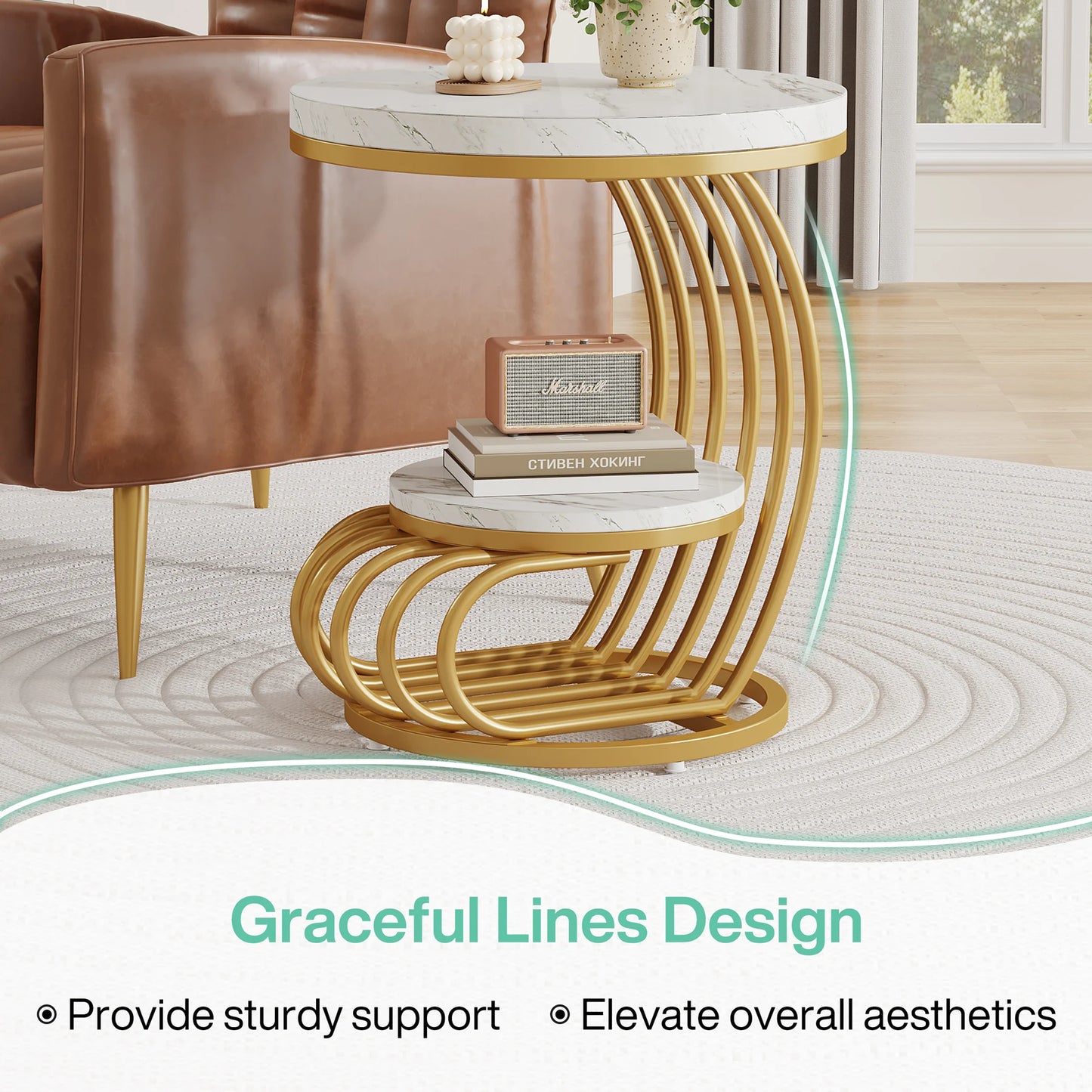 Tribesigns Round End Table With Two Tier Faux Marble Storage