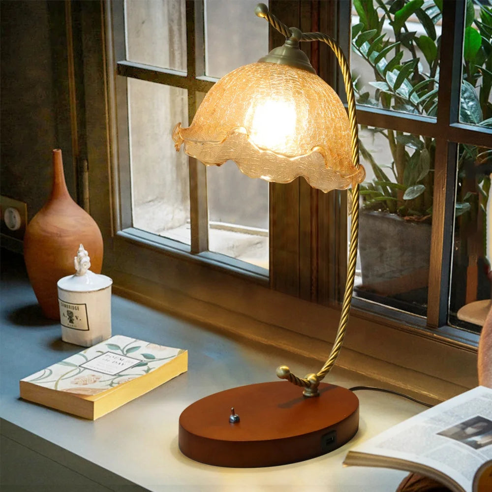 Modern Gold Glass Flower Desk Lamp With Bulbs
