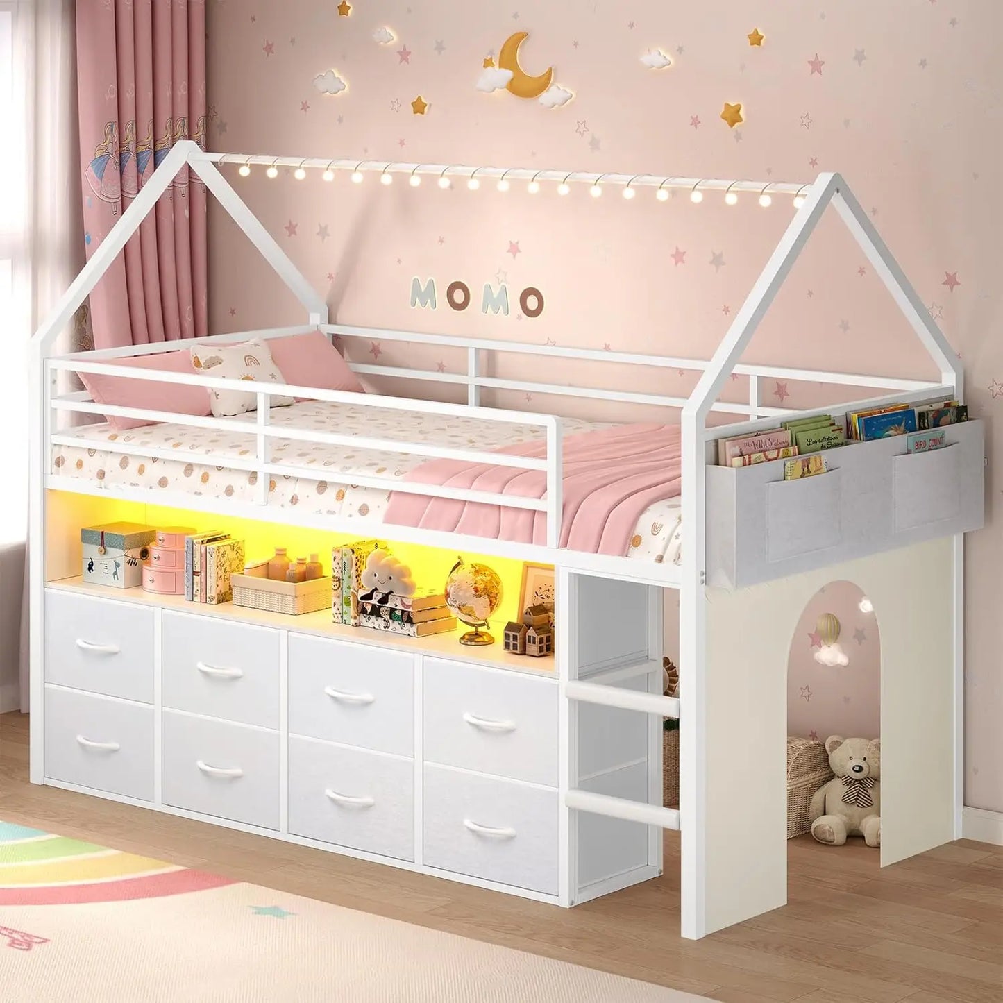 Loft Bed For Kids With Storage Drawers And LED Lights