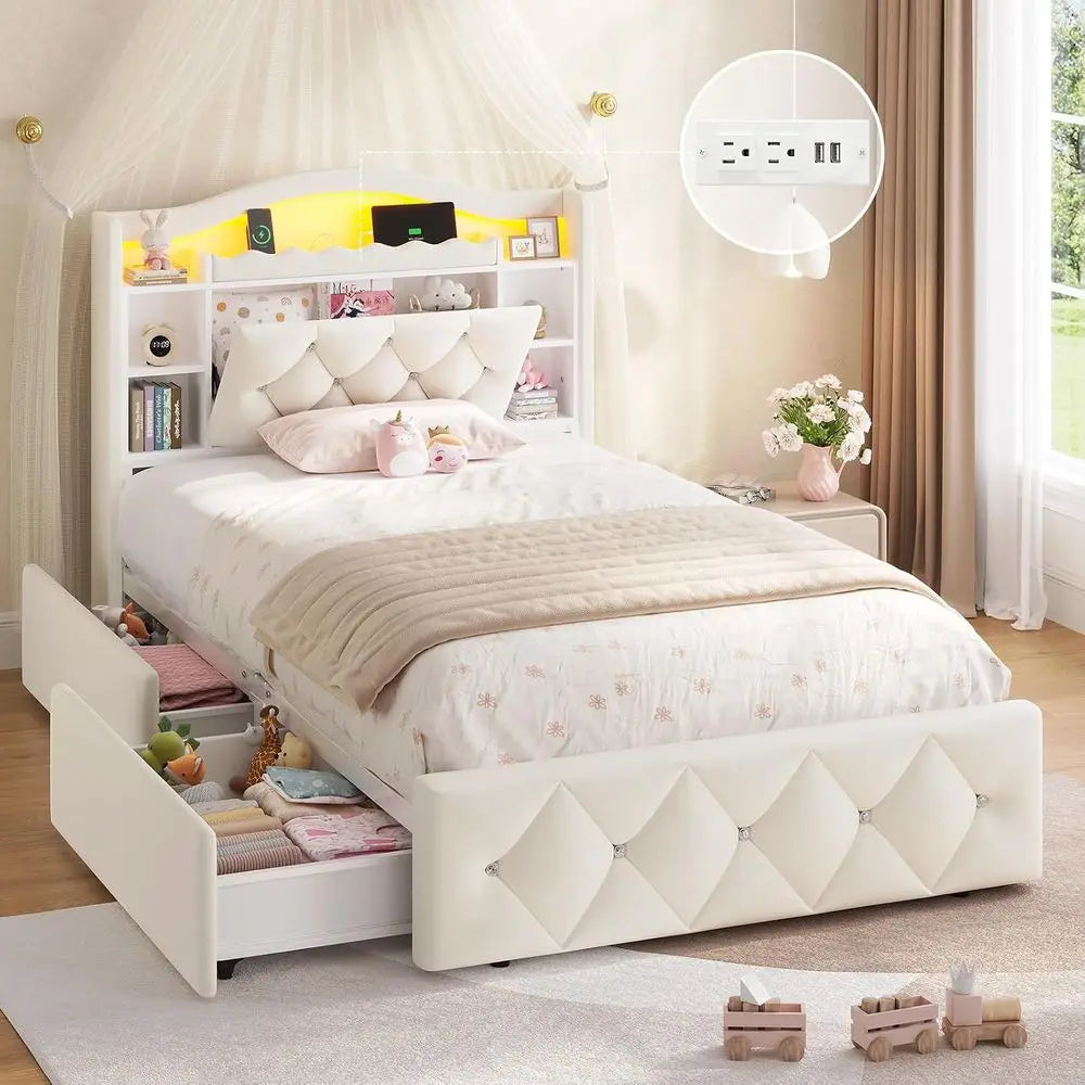 Luxury Velvet Upholstered Bed With Integrated Storage And Led Lighting