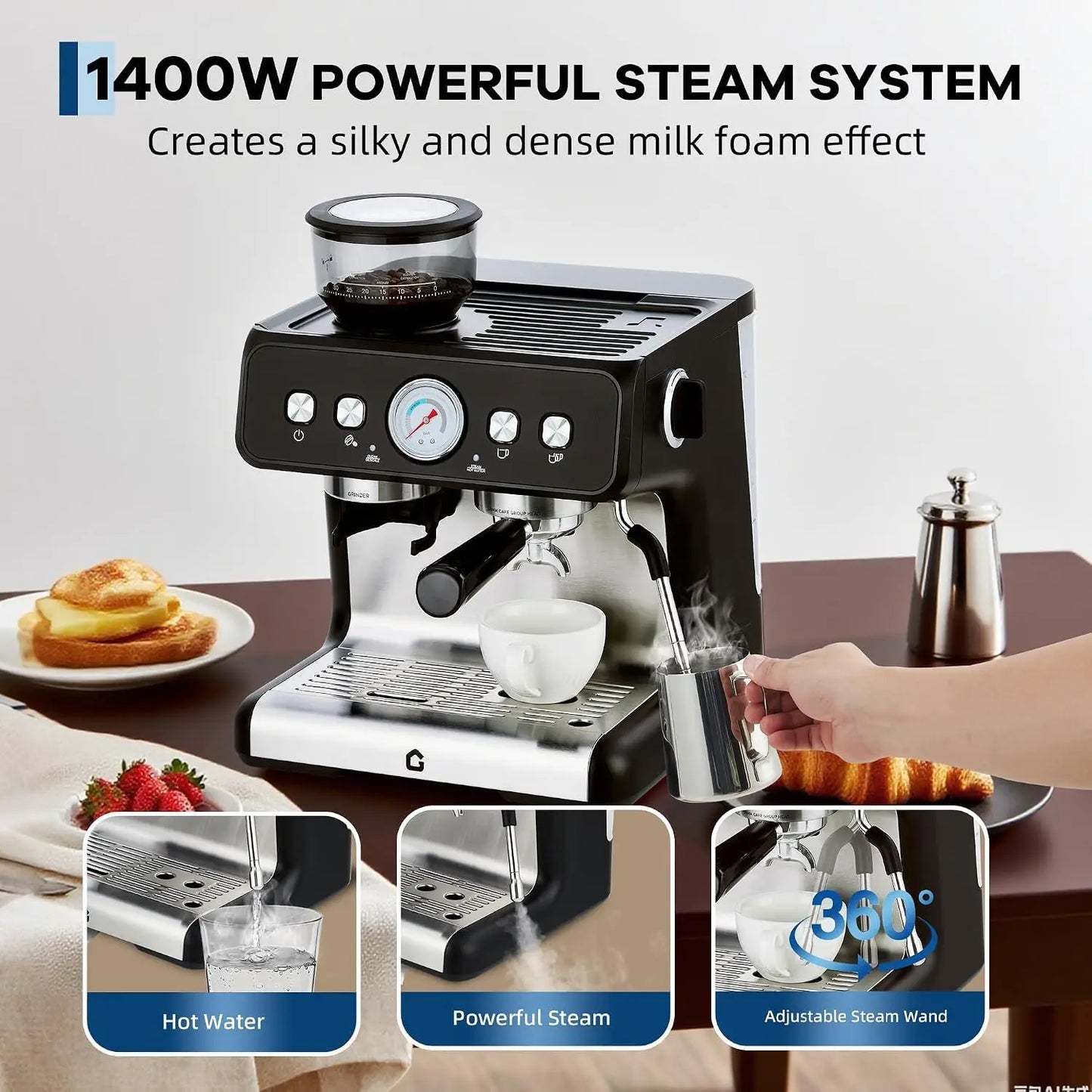 HiMISS Stainless Steel Espresso Machine With Built In Grinder