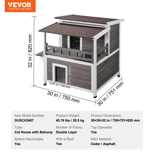SucceBuy Outdoor Cat House Weatherproof Cedar Shelter With Balcony