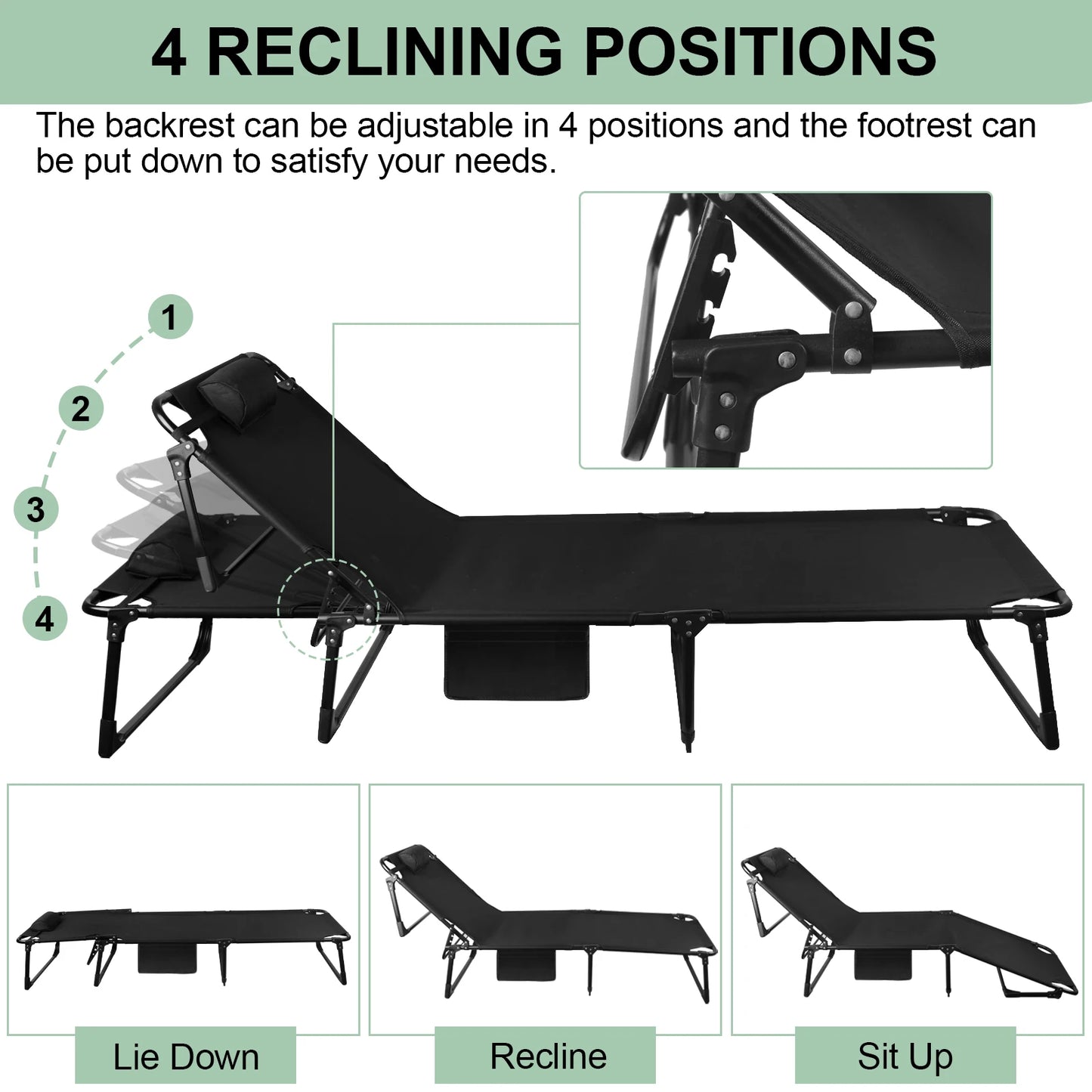 Portable Folding Outdoor Reclining Camping Cot With Pillow