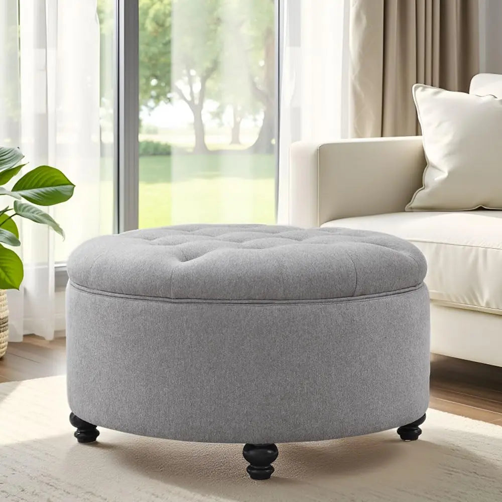 Round Tufted Storage Ottoman With Removable Top Coffee Table