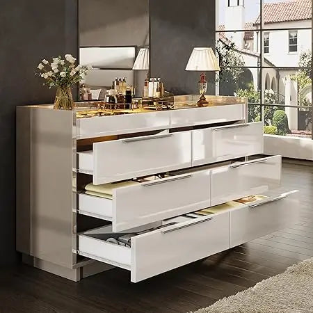Modern High Gloss 8-Drawer Dresser with LED Lighting, Glass Top and 2 Six-Grid Jewelry Drawers