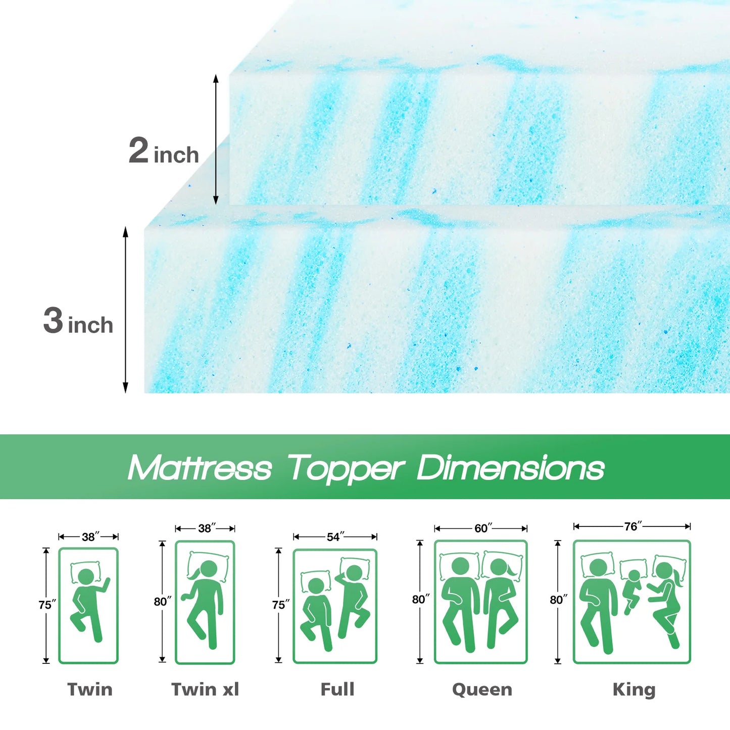 JHK Gel Memory Foam Mattress Topper for Bed Comfort