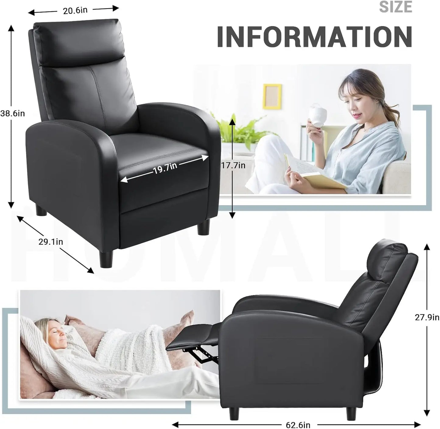 PU Leather Recliner Chair With Lumbar Support For Home Theater