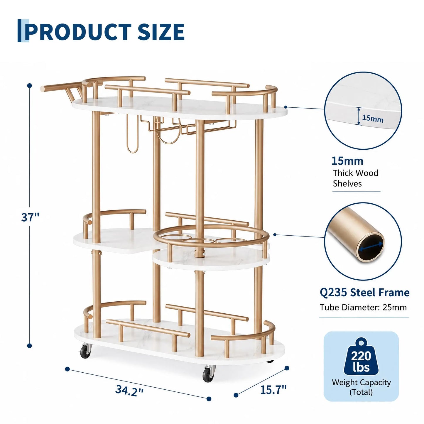 Himiss 3 Tier Rolling Bar Cart With Wine Rack And Glass Holder