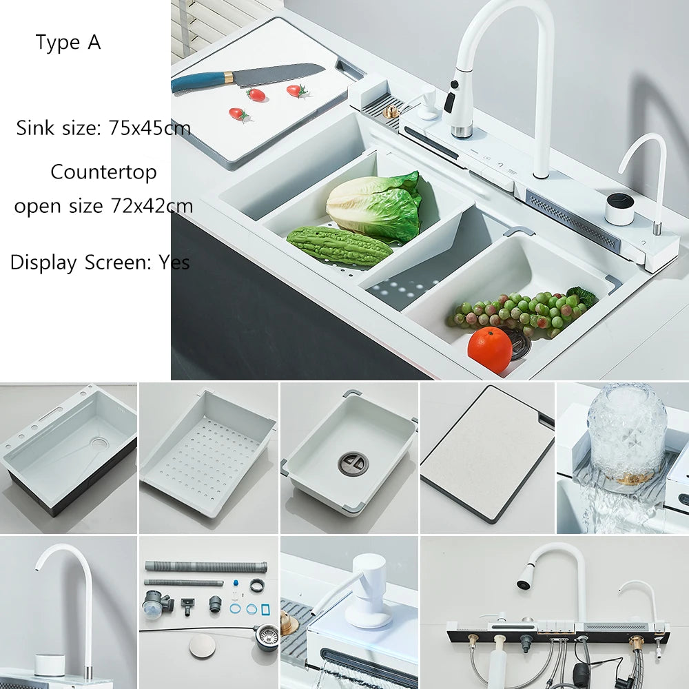 Brushed Golden Smart Digital Display Kitchen Sink Set With Waterfall Faucet