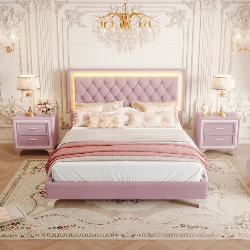 Upholstered Platform Bed With LED Lights And Nightstands
