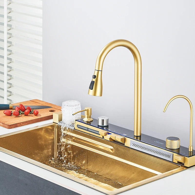 Brushed Golden Smart Digital Display Kitchen Sink Set With Waterfall Faucet