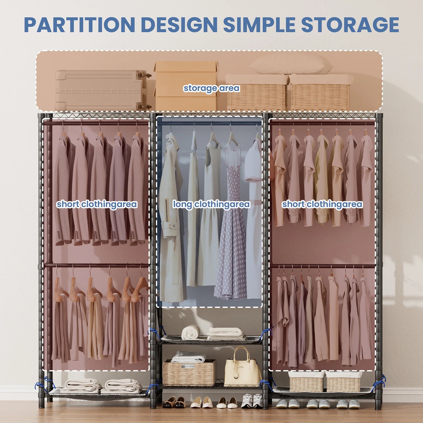 Freestanding Metal Clothes Rack Heavy Duty Portable Home Storage Organizer