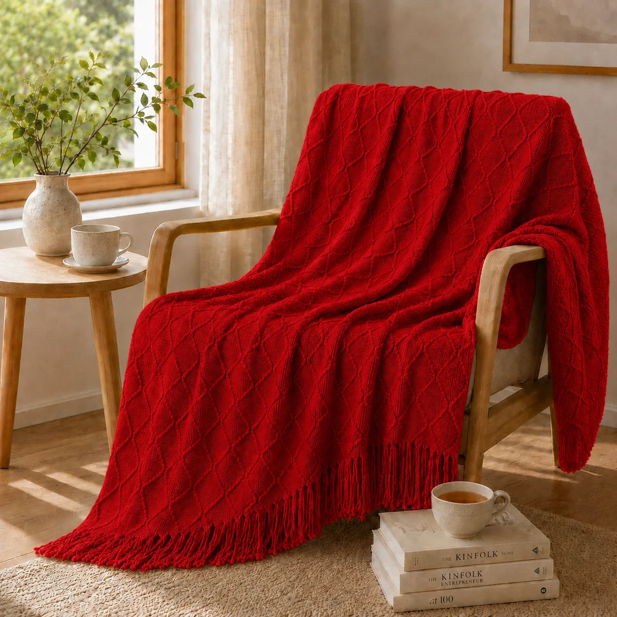 Textured Bobble Diamond Knit Throw Blanket Featuring Tassel Fringe