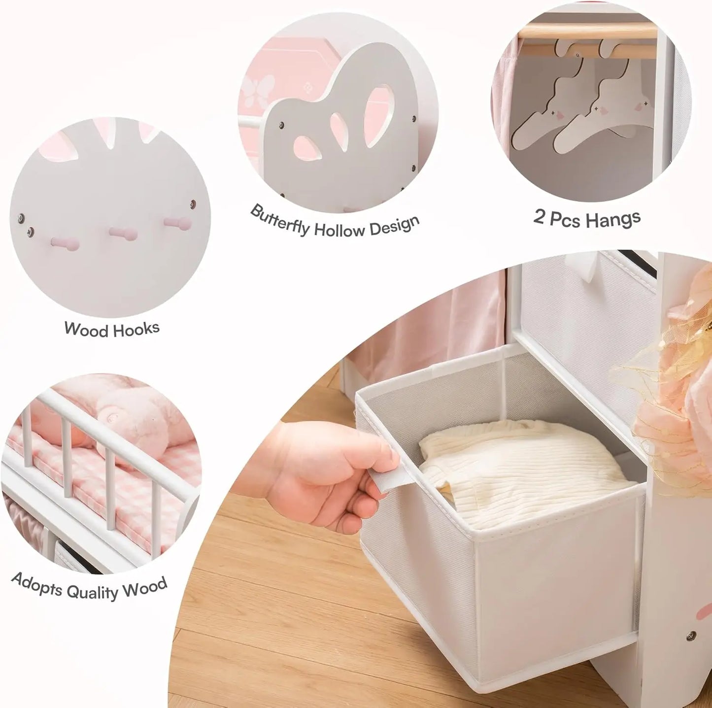 Robotime Wooden Baby Doll Crib Set With Storage Bedding Hooks