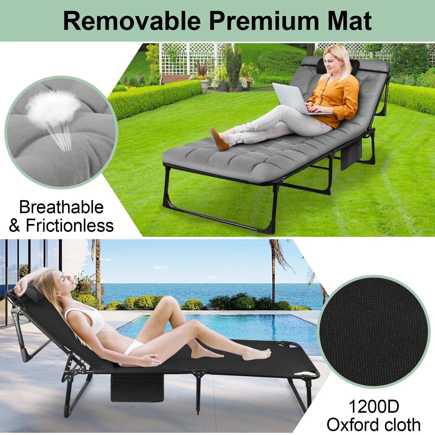 Portable Folding Outdoor Reclining Camping Cot With Pillow