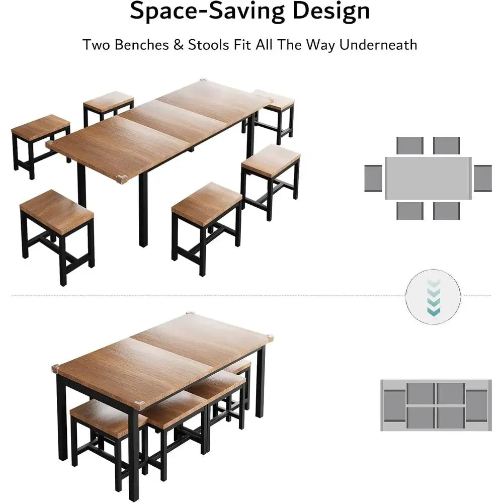 Modern Seven Piece Dining Table Set With Six Cushioned Stools