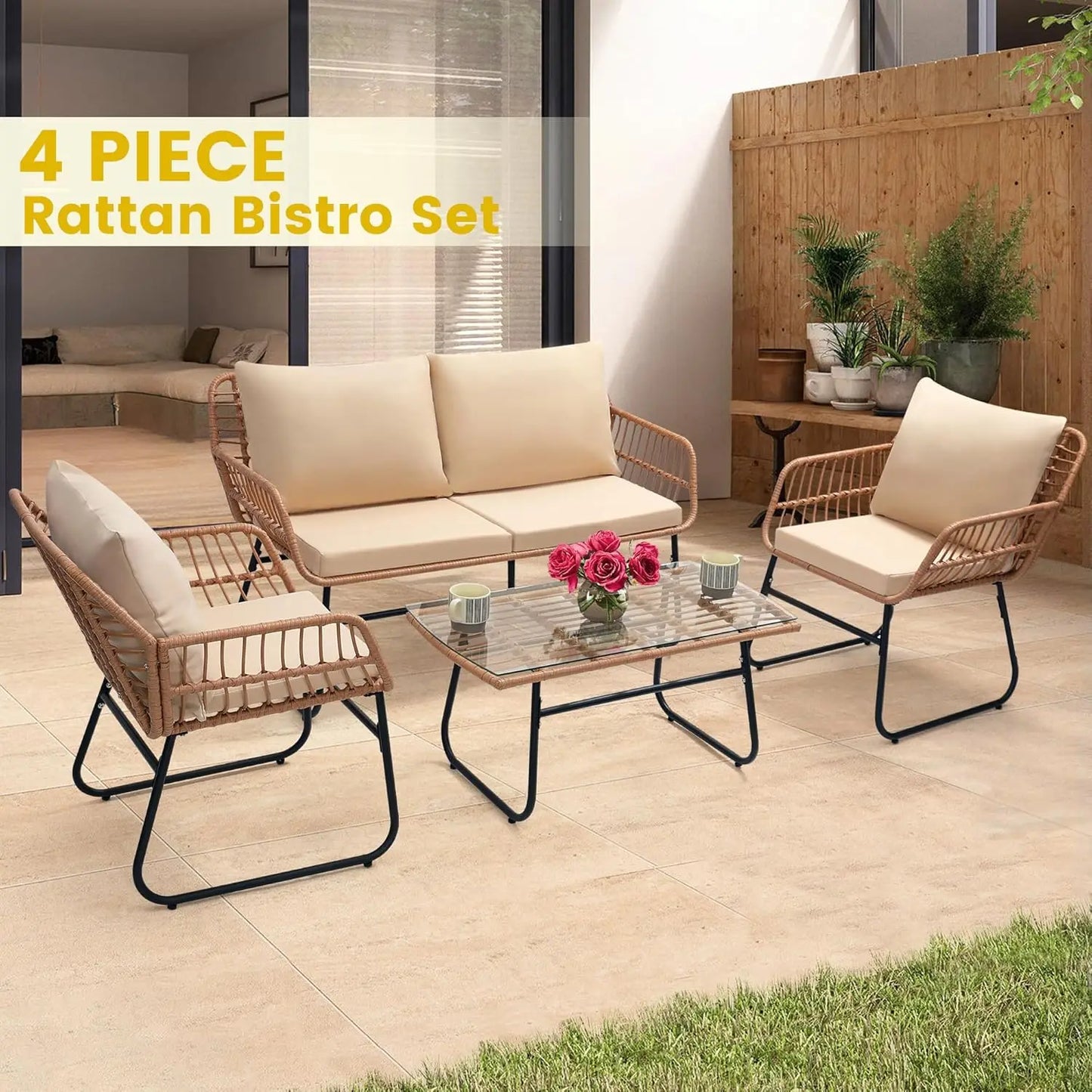4 Piece Rattan Patio Bistro Set with Modern Style