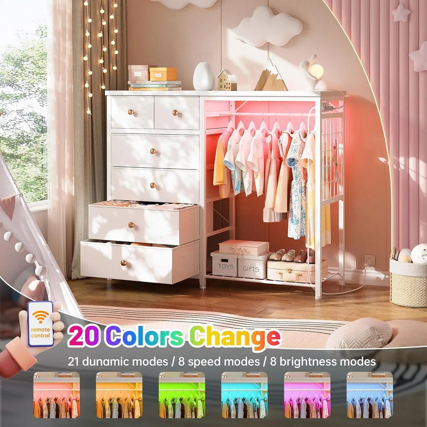 Modern Dresser With Hanging Rack And LED Lights Charging Station