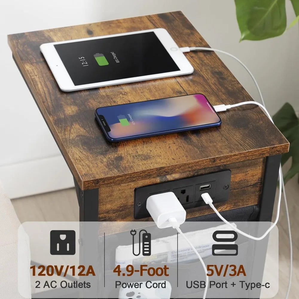 XIUWO C Shaped End Table With Charging Station Storage