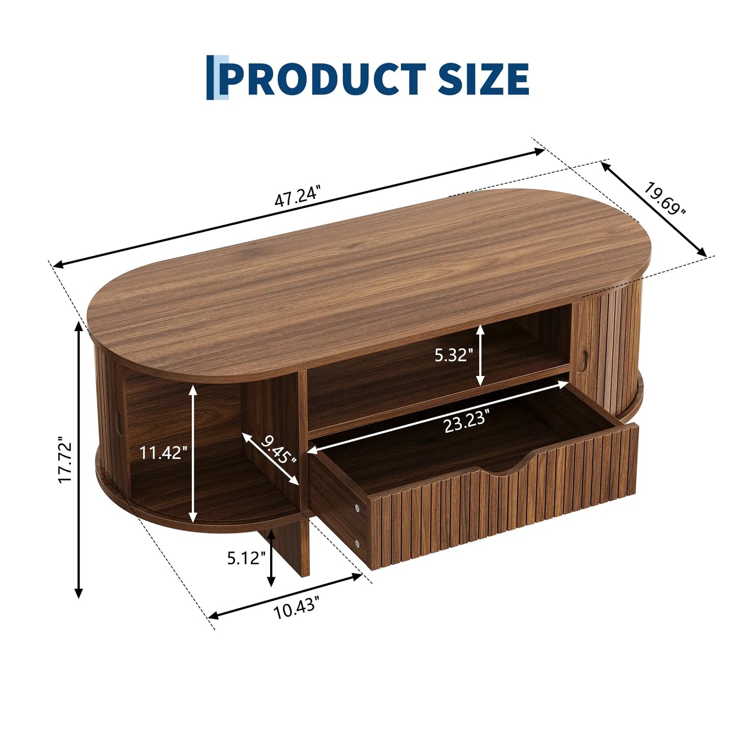 HiMiss Modern Fluted Wood Coffee Table With Storage Cabinet