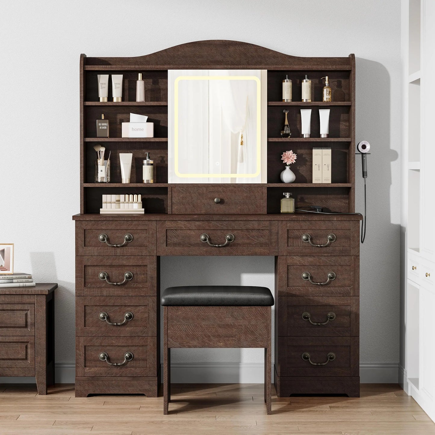 HiMISS Wooden Vanity Desk With Led Mirror And Storage Drawers
