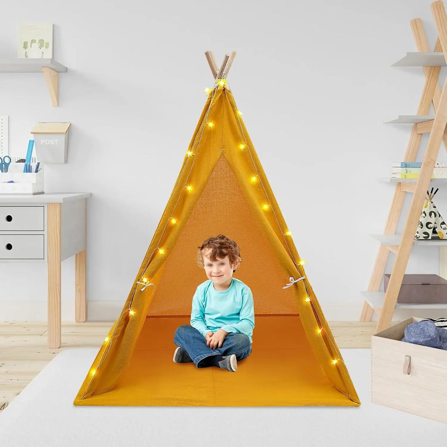Foldable Cotton Kids Teepee Tent With Floor Mat And Lights