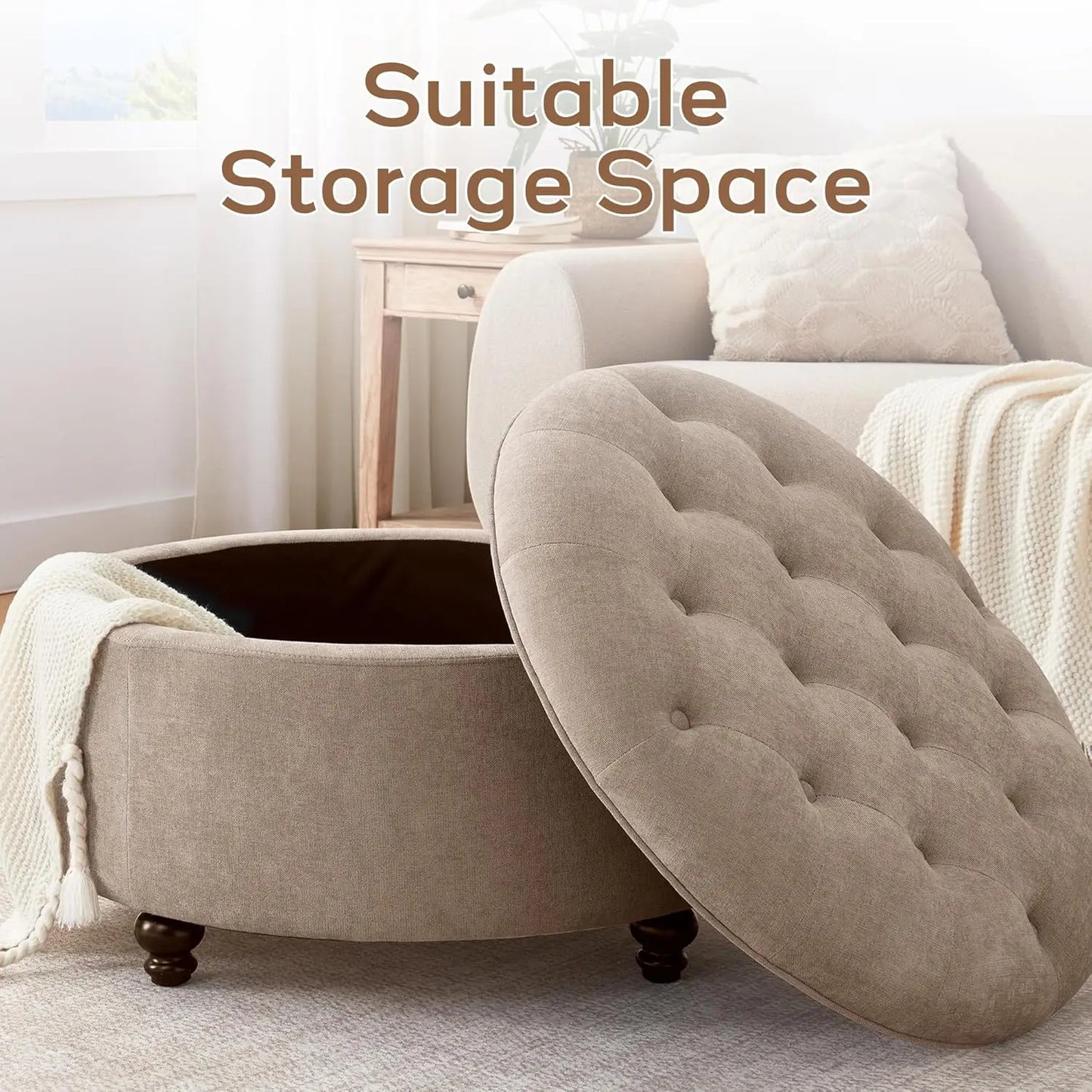 Round Tufted Storage Ottoman With Removable Top Coffee Table