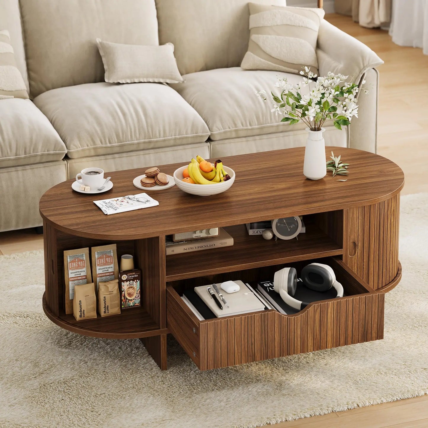 HiMiss Modern Fluted Wood Coffee Table With Storage Cabinet