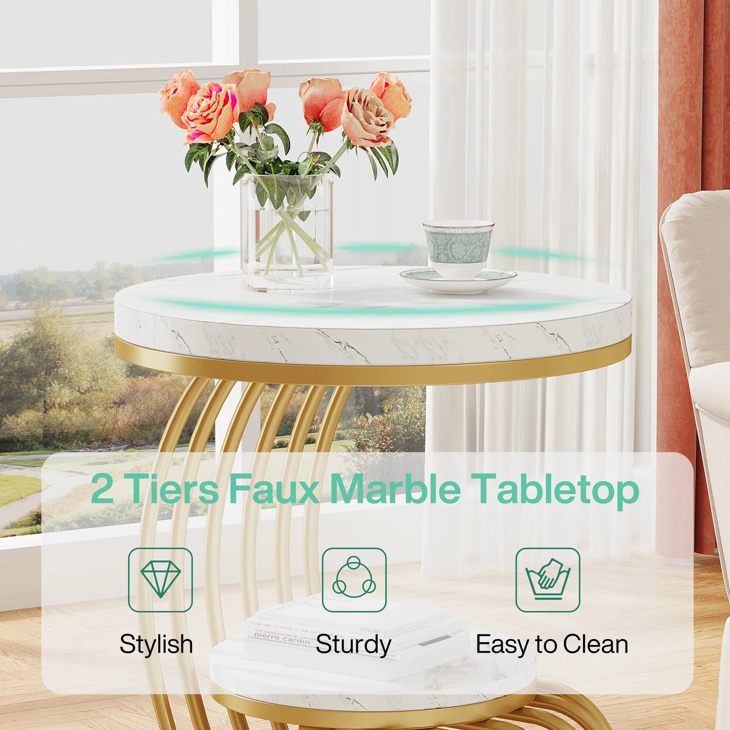 Tribesigns Round End Table With Two Tier Faux Marble Storage