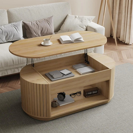 Oval Lift Top Coffee Table With Storage Shelf For Living Room