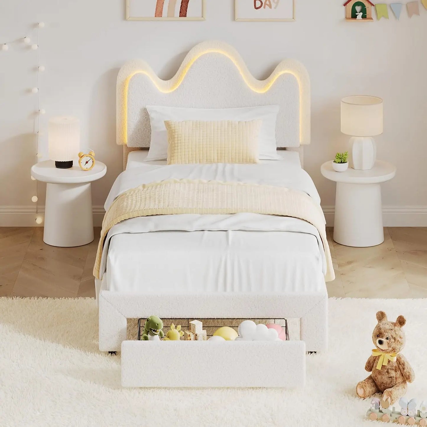 Studyset Boucle Princess Bed Frame With LED Headboard And Storage