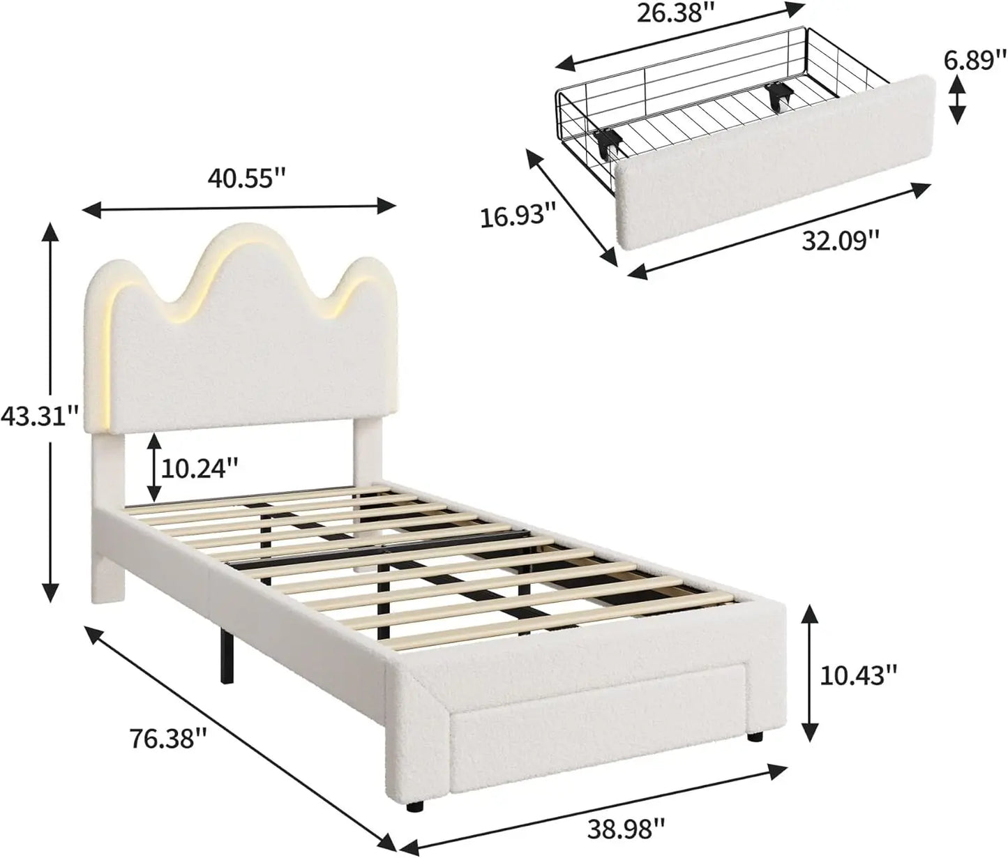 Studyset Boucle Princess Bed Frame With LED Headboard And Storage