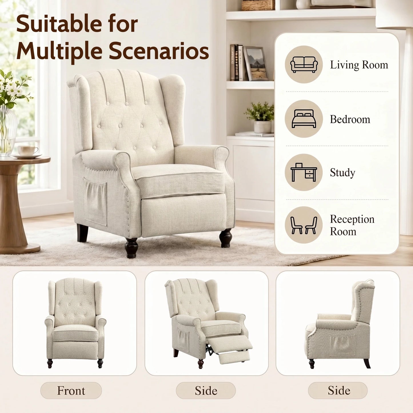 TCGBKAF Mid Century Wingback Massage Heated Recliner Chair Wooden Legs