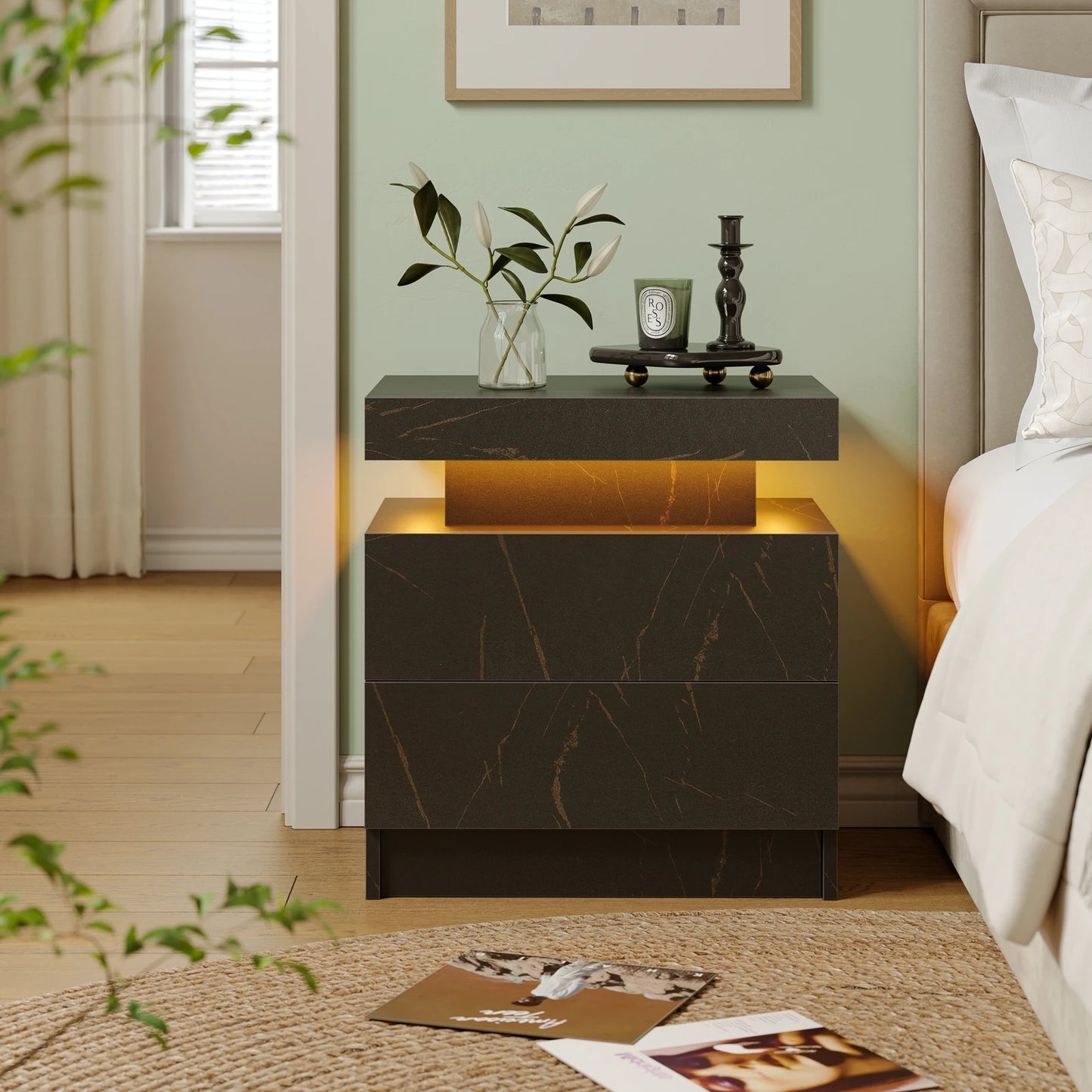 Cubehom LED Nightstand With 2 Drawers And RGB Accent Lighting