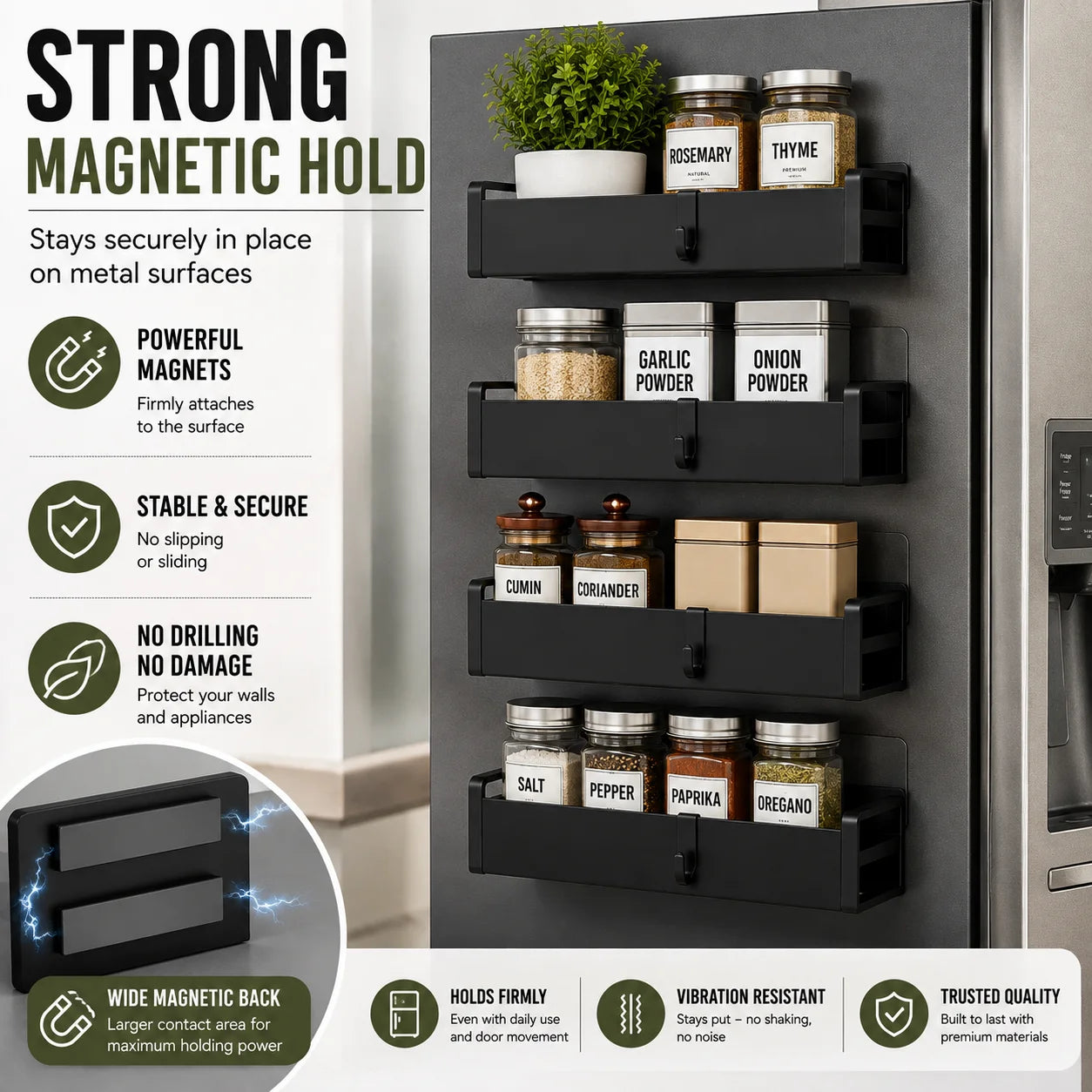 Magnetic Stainless Steel Fridge Spice Rack Organizer Set With Hooks