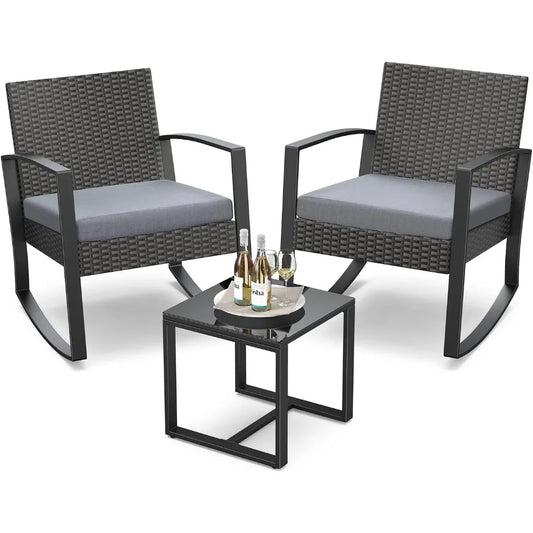 Outdoor Rattan Rocking Bistro Furniture Set With Coffee Table