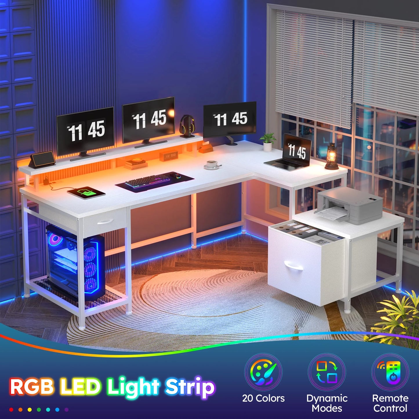EnHomee L Shaped Gaming Desk With Reversible Corner RGB Lighting