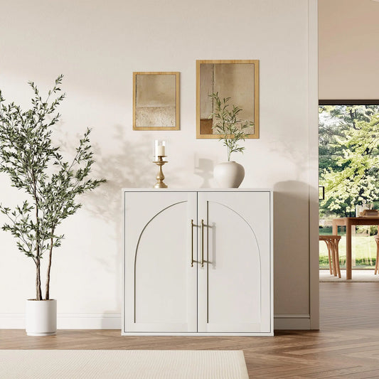 Arched Wood Sideboard Buffet Cabinet With Recessed Panel Doors