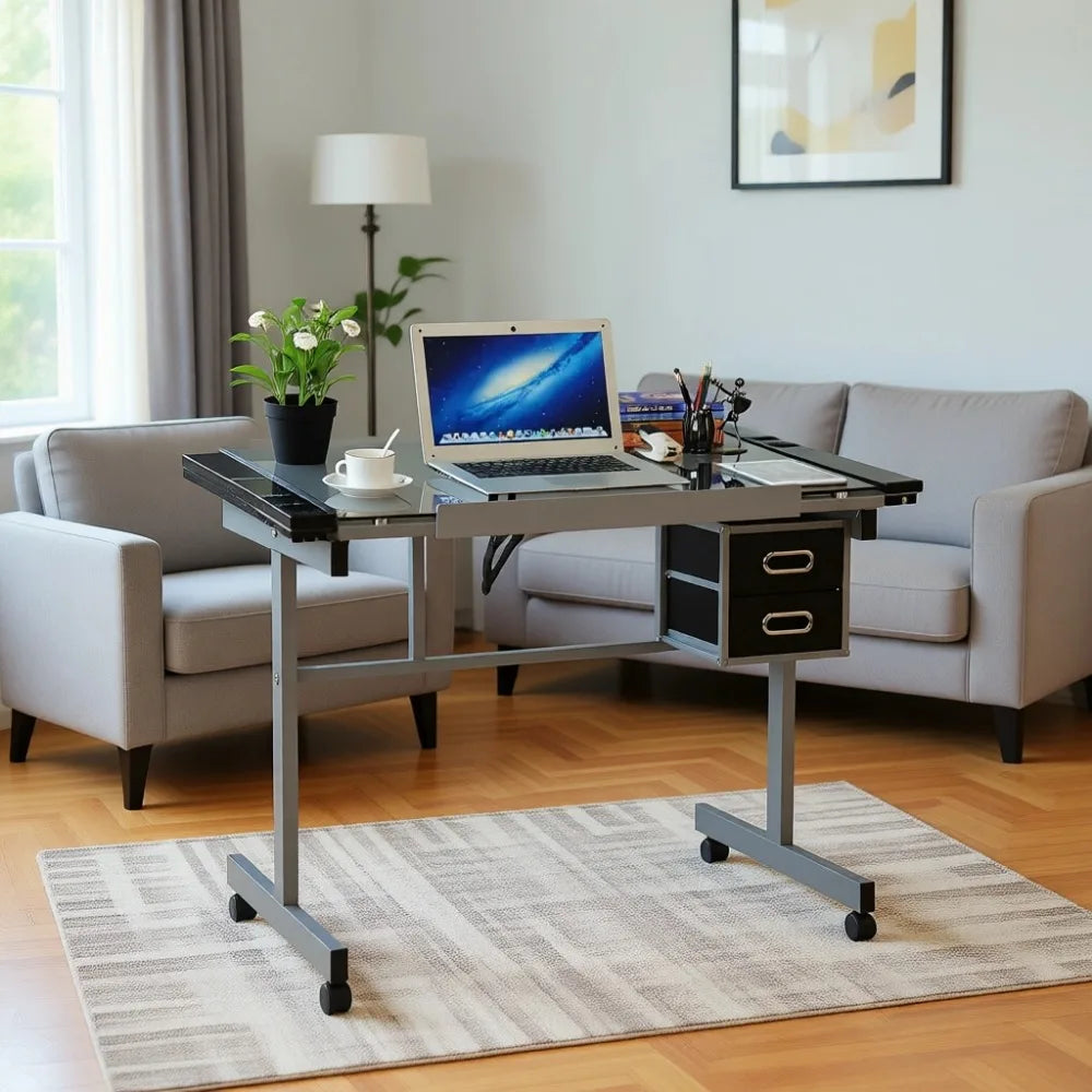 Adjustable Tempered Glass Drafting Table With Tilt Surface And Drawers