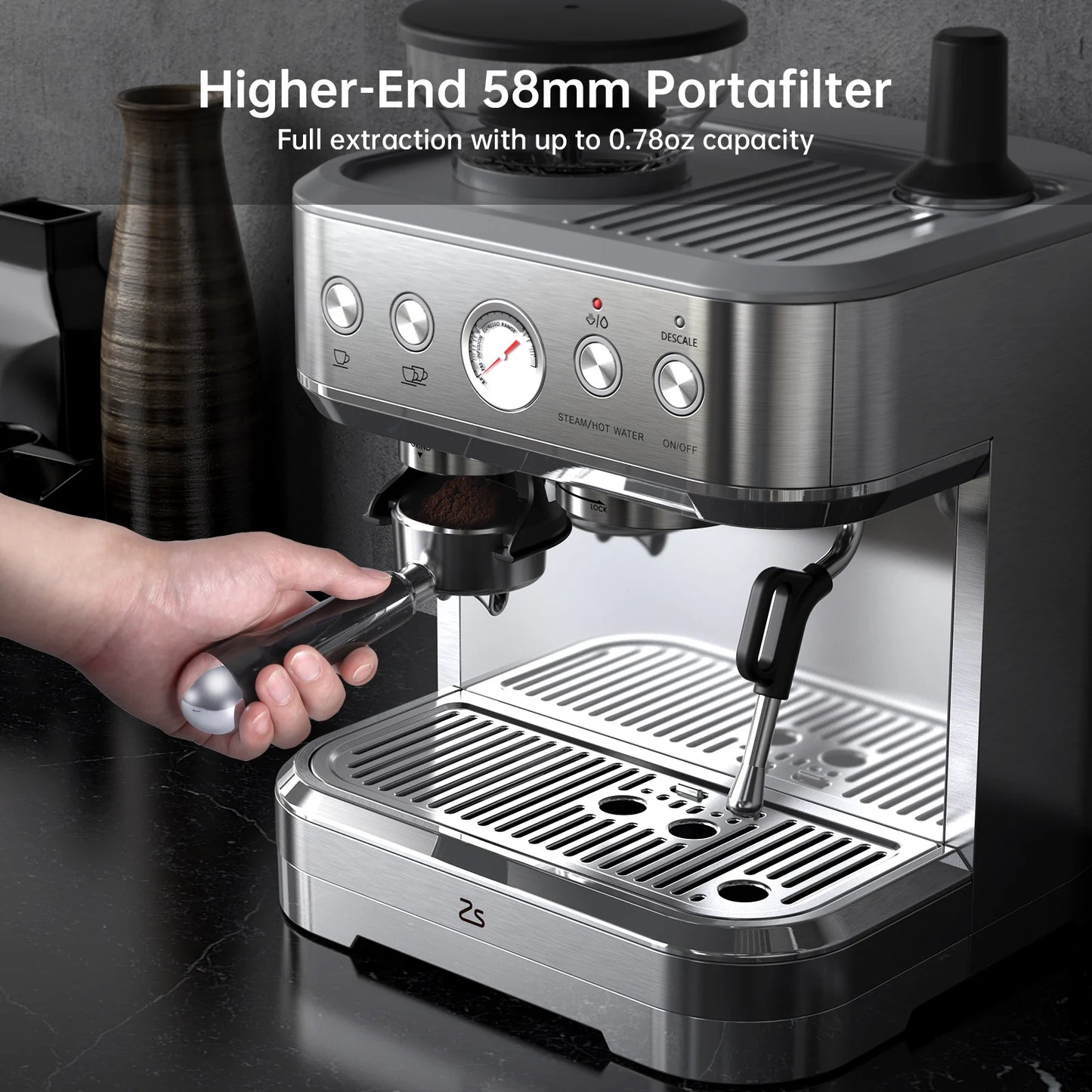 Acekool Espresso Machine With Grinder And Milk Frother, Stainless Steel, 15 Bar