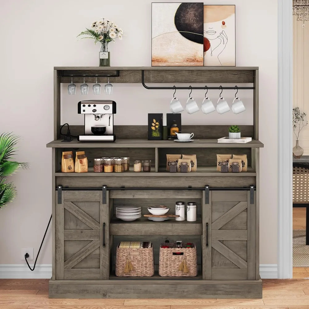 Buffet Cabinets Storage Farmhouse Coffee Bar Goblet Holder Power Outlet