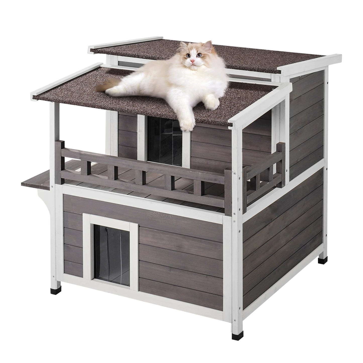 SucceBuy Outdoor Cat House Weatherproof Cedar Shelter With Balcony