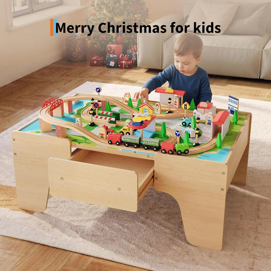 Garvee Wooden Train Table Playset With Railway Tracks And Storage