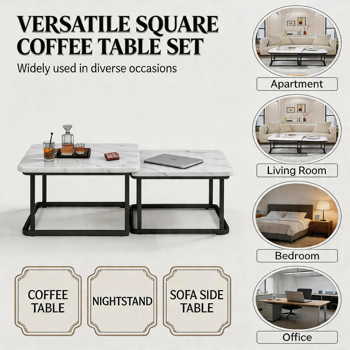 HiMISS Square Nesting Coffee Table Set For Living Room